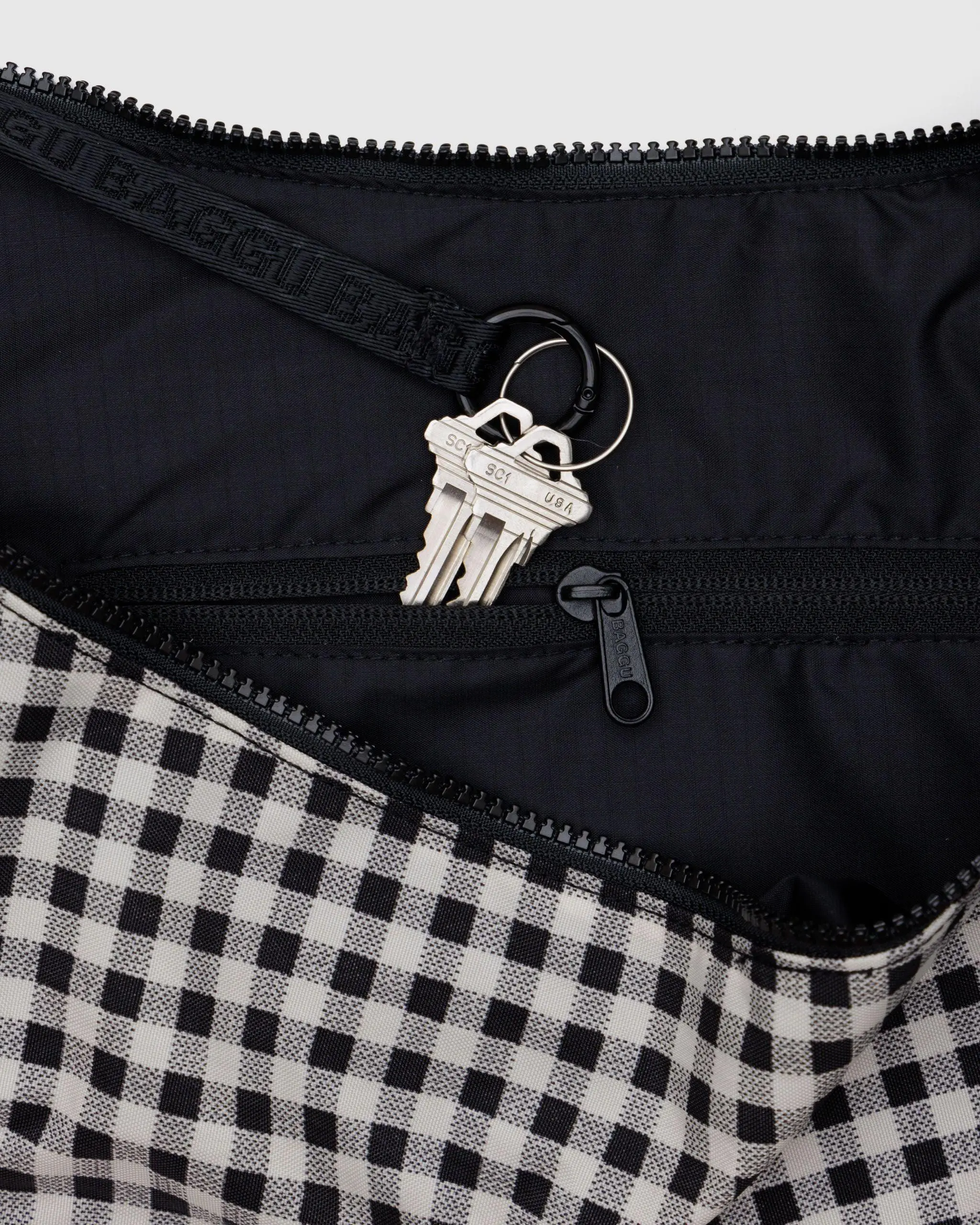 Large Nylon Crescent Bag Black & White Gingham - Image 4