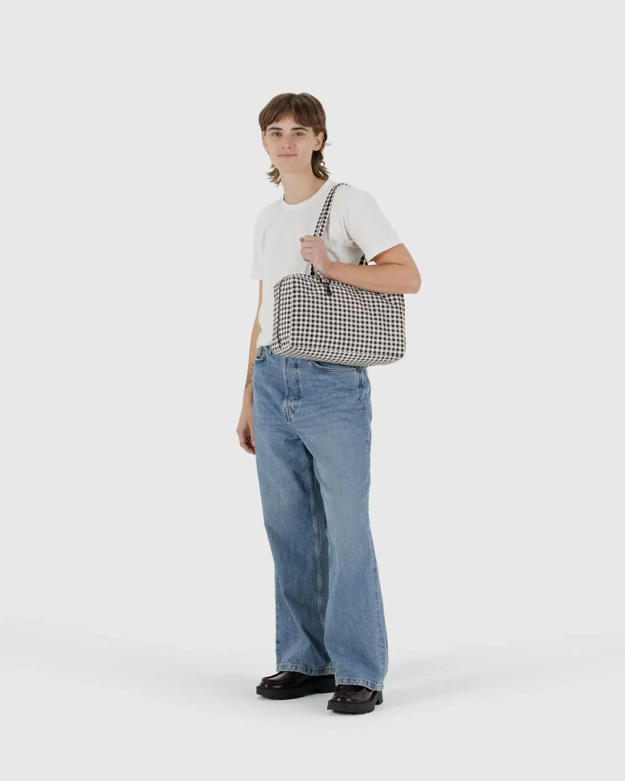 Medium Nylon Bowler Bag Black & White Gingham - Image 2