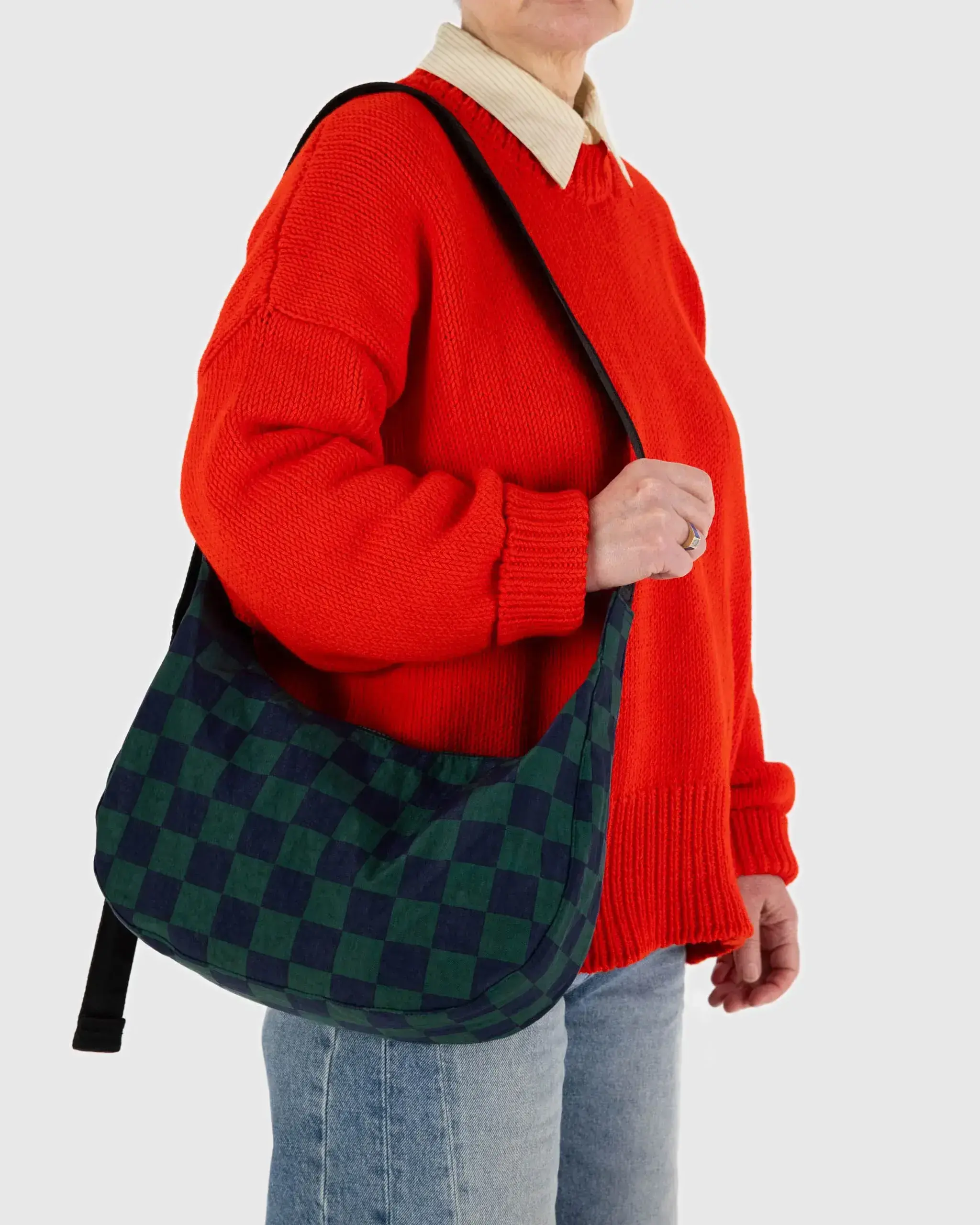 Medium Nylon Crescent Bag Navy Green Check - Image 3