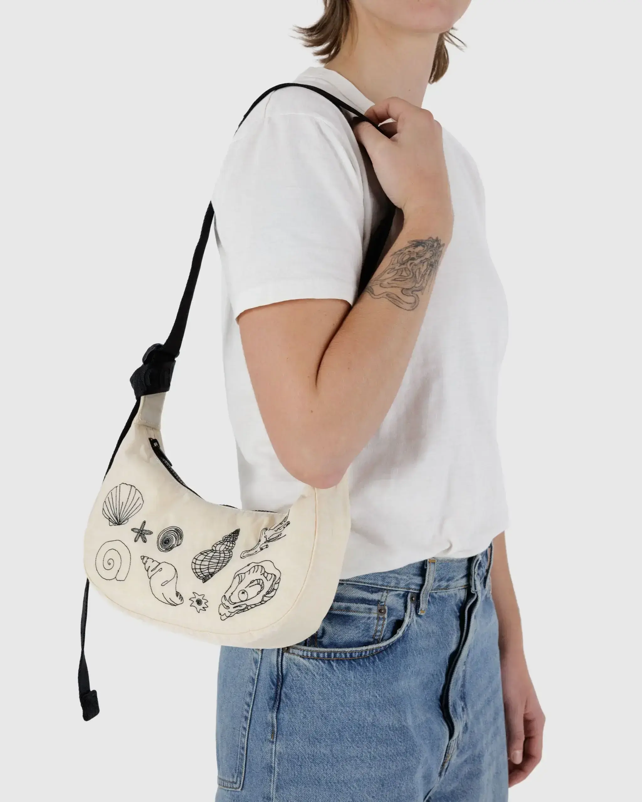 Small Nylon Crescent Bag Embroidered Shells - Image 3