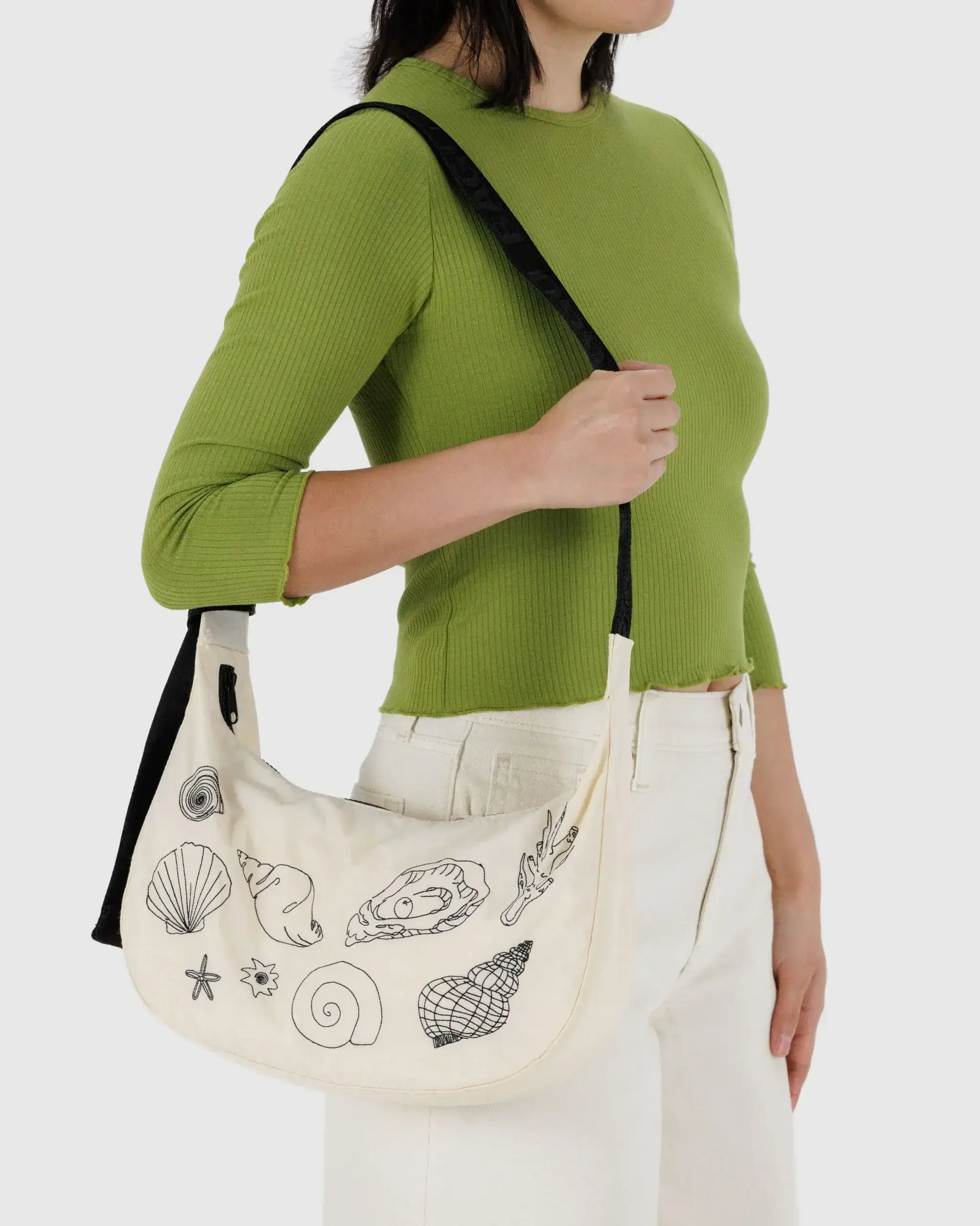Medium Nylon Crescent Bag Embroidered Shells - Image 3