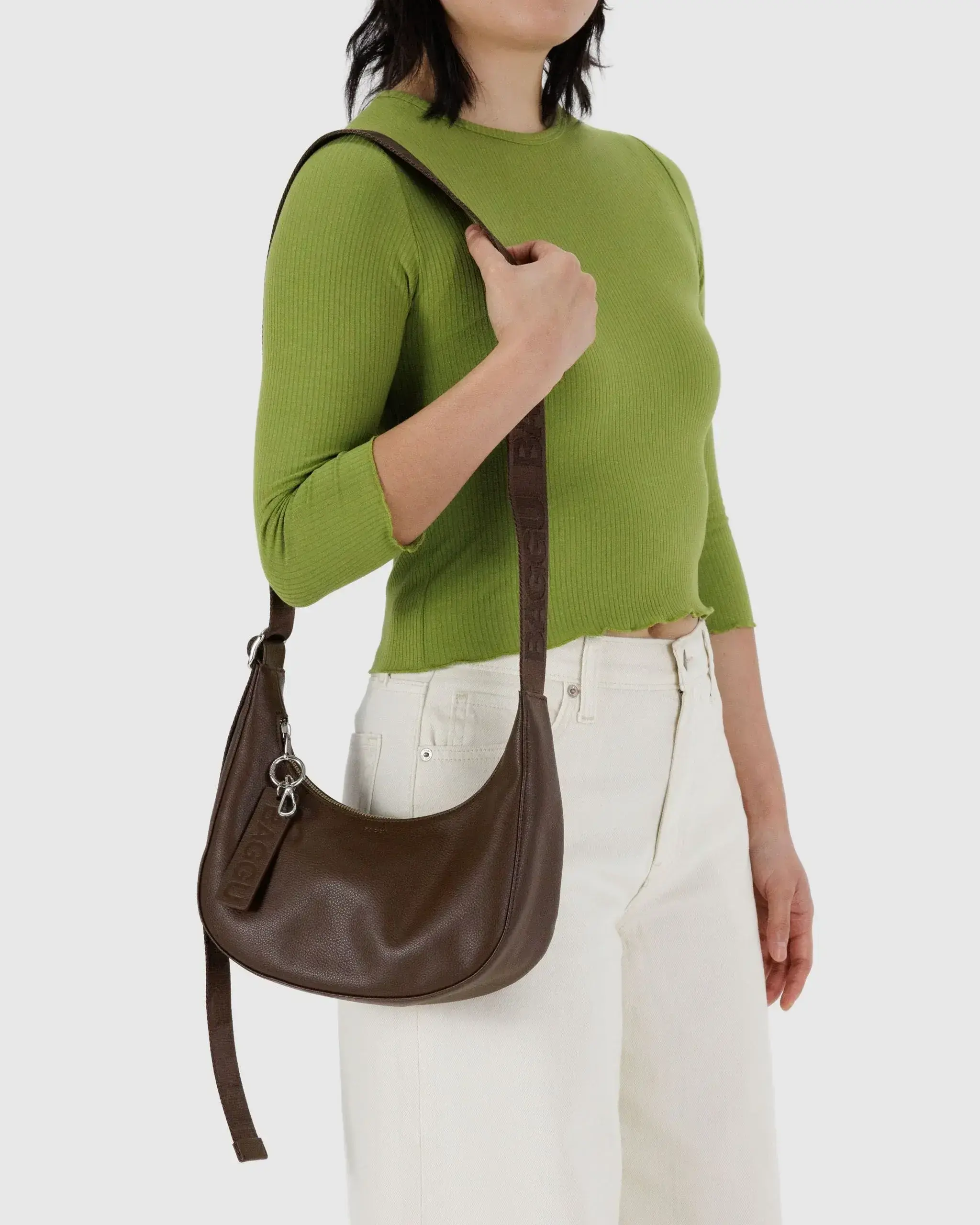 Small Recycled Leather Crescent Bag Brown - Image 3