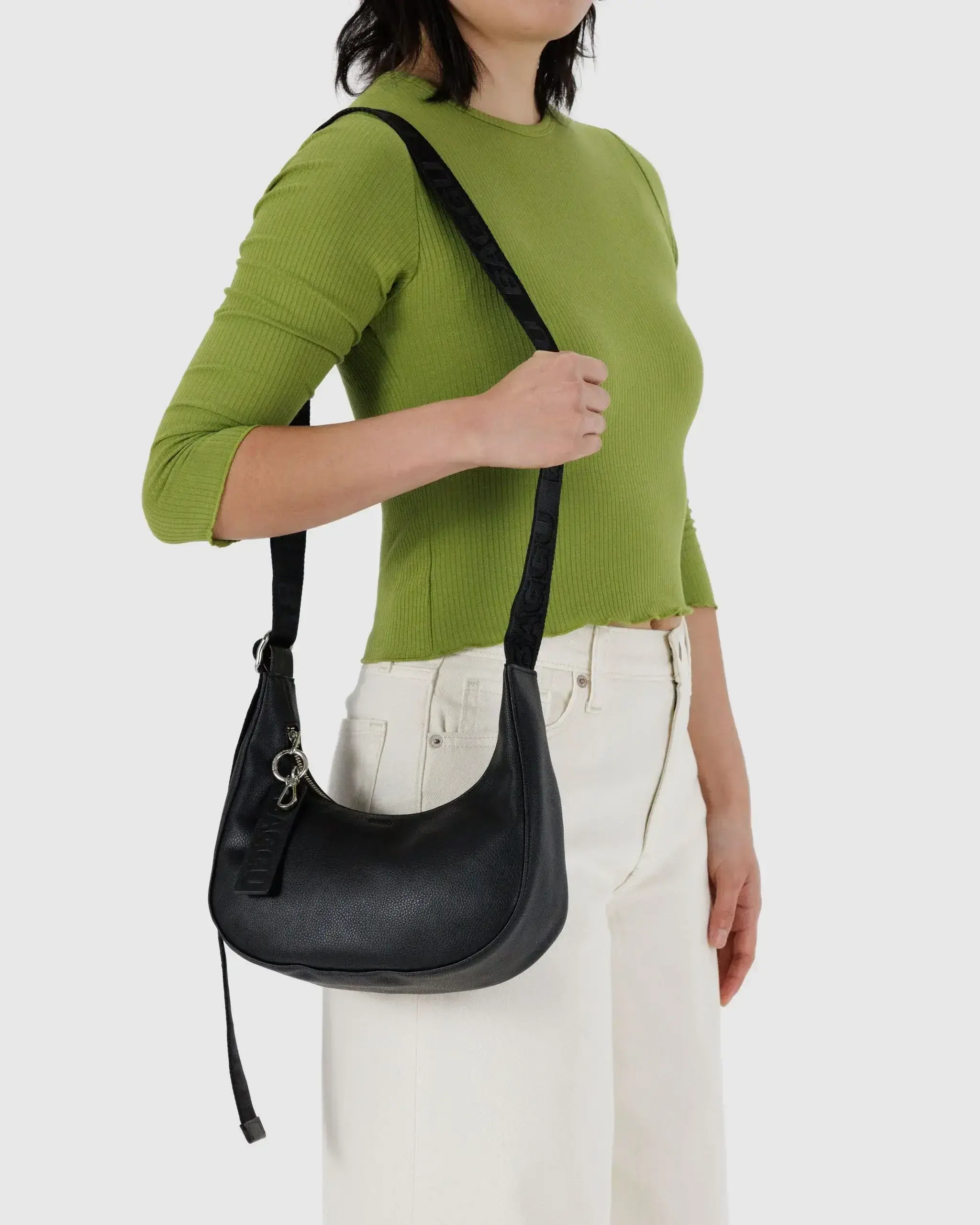 Small Recycled Leather Crescent Bag Black - Image 3
