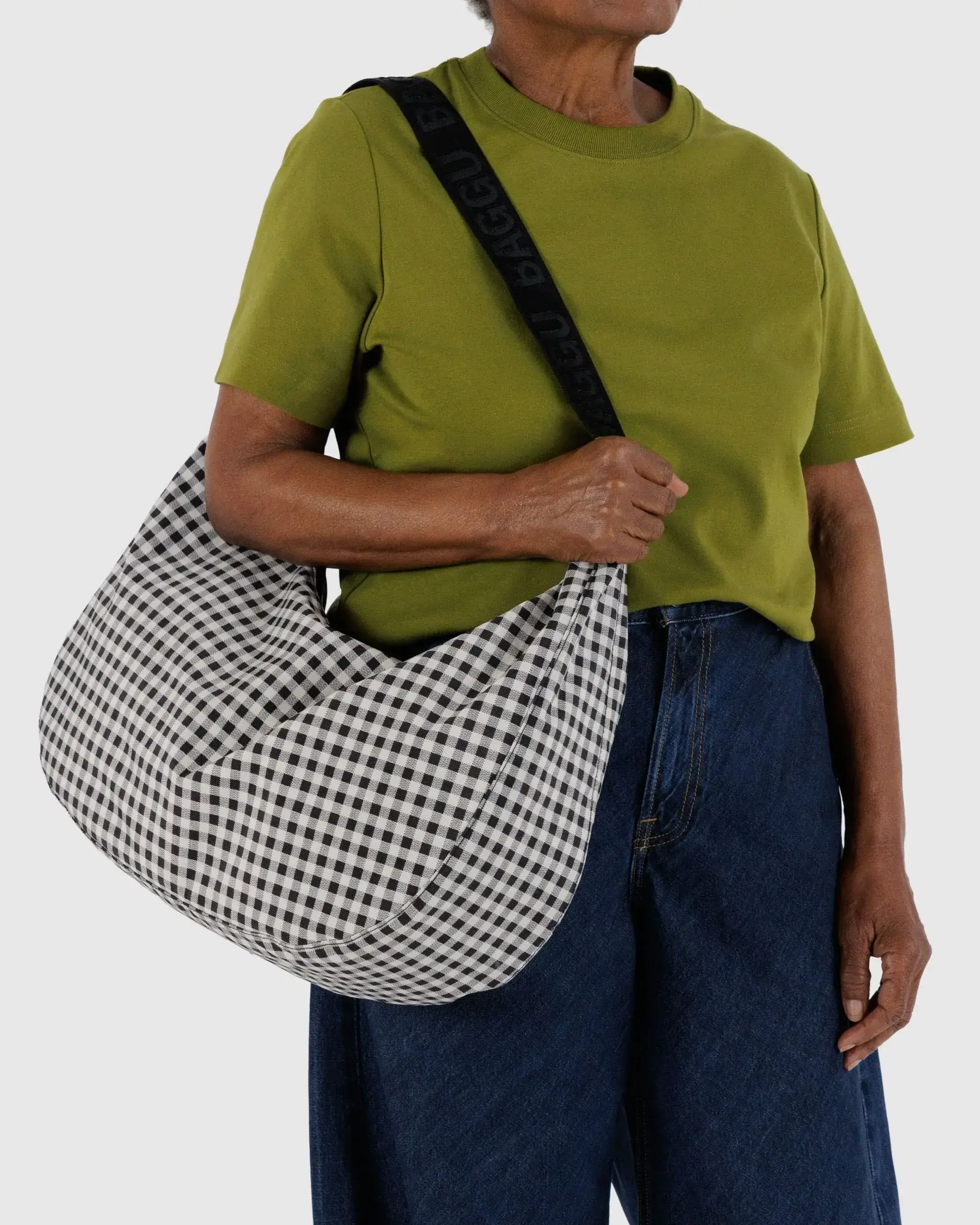 Large Nylon Crescent Bag Black & White Gingham - Image 3