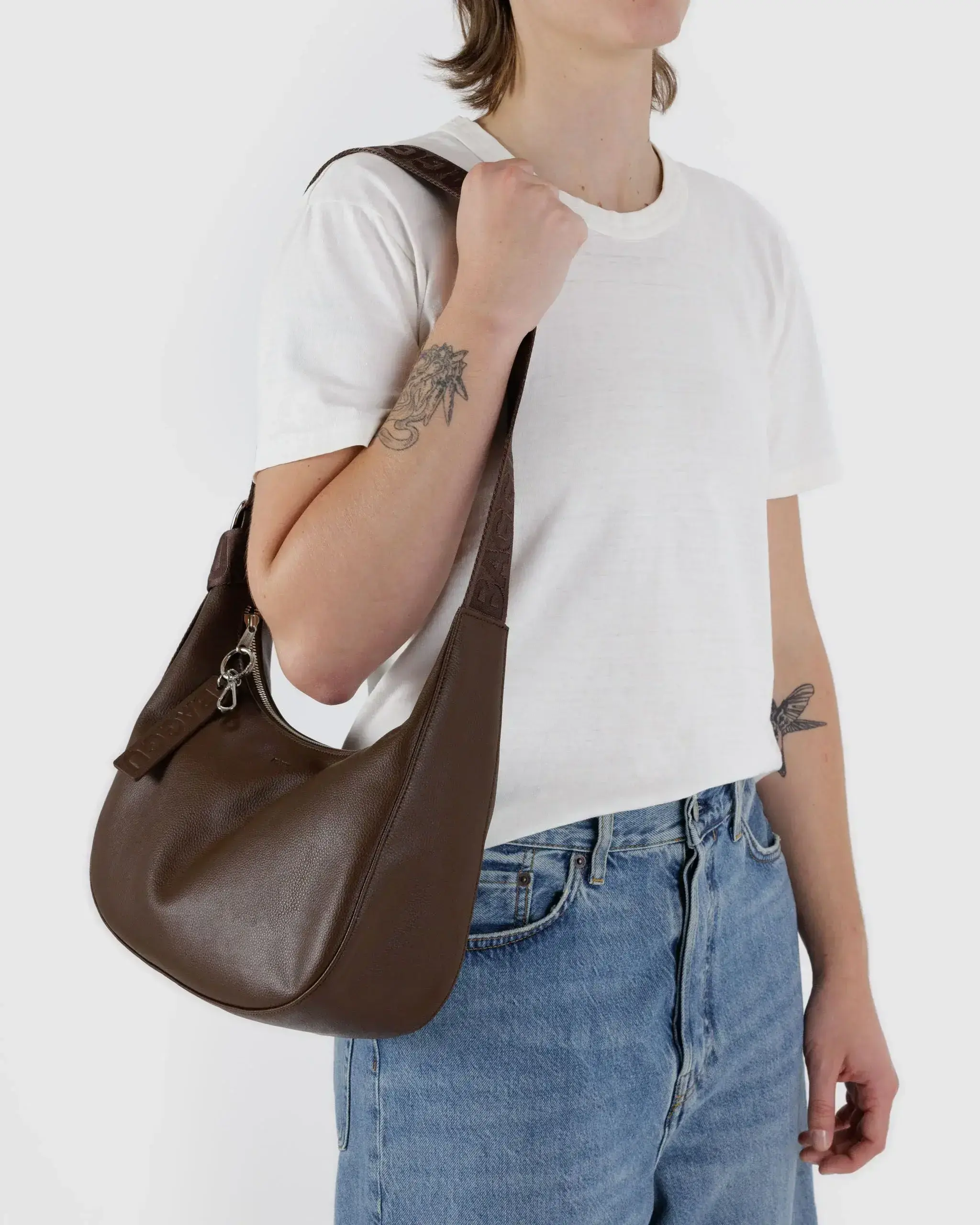 Medium Recycled Leather Crescent Bag Brown - Image 3