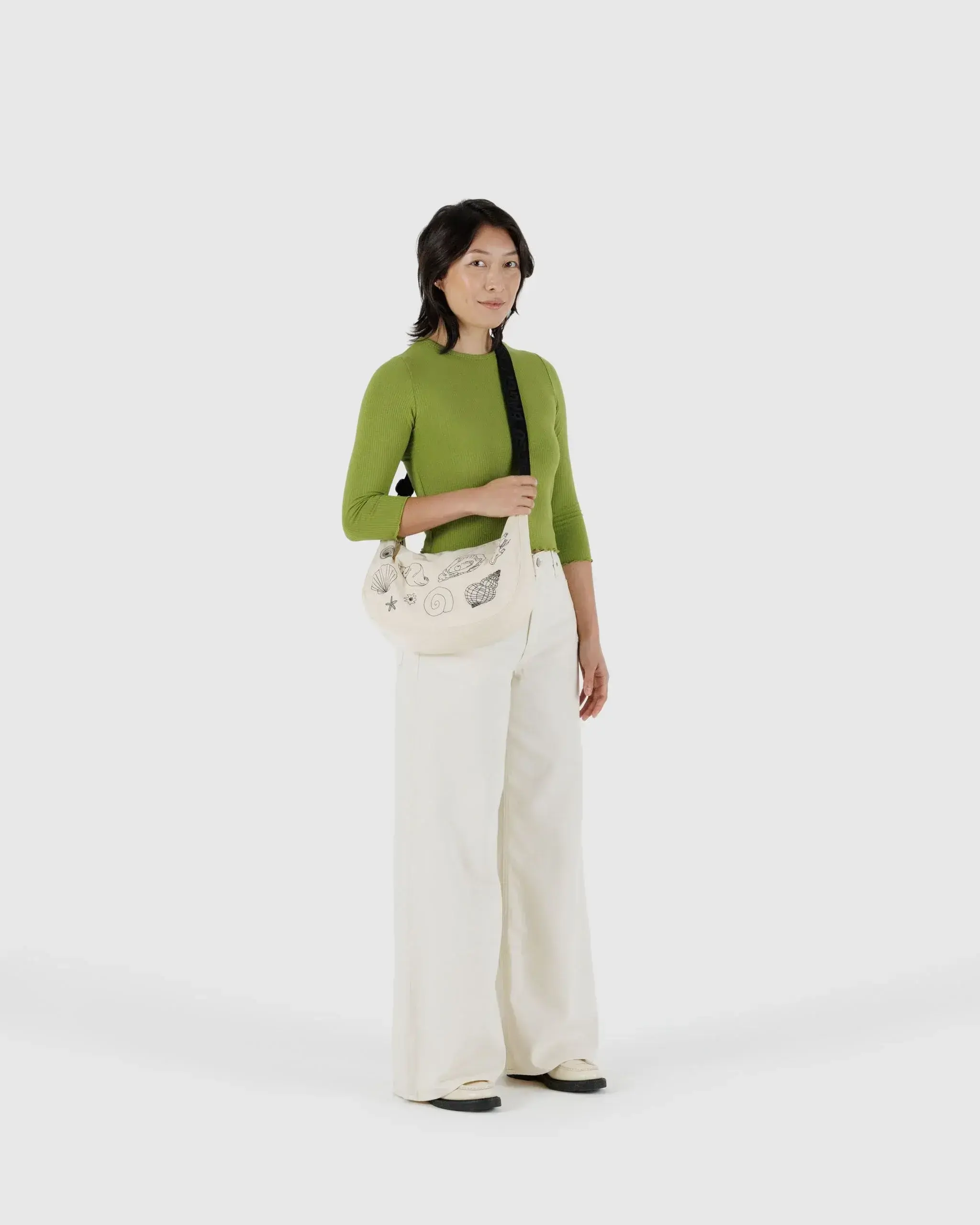Medium Nylon Crescent Bag Embroidered Shells - Image 2